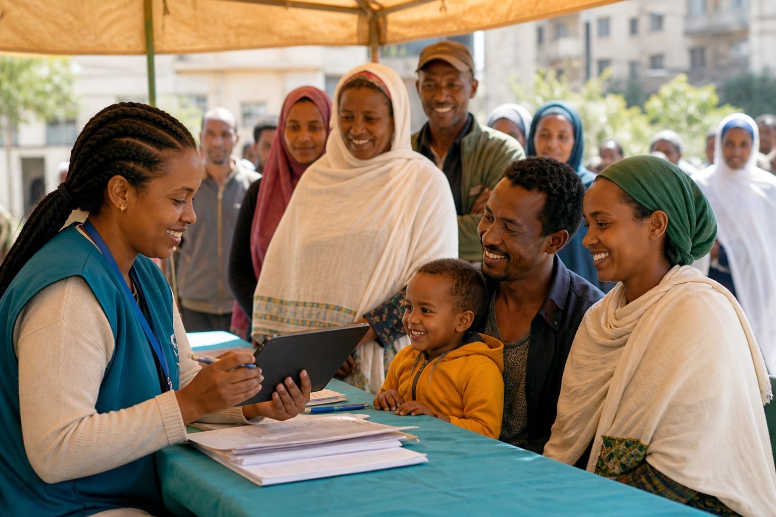 A health worker registering families for community health insurance