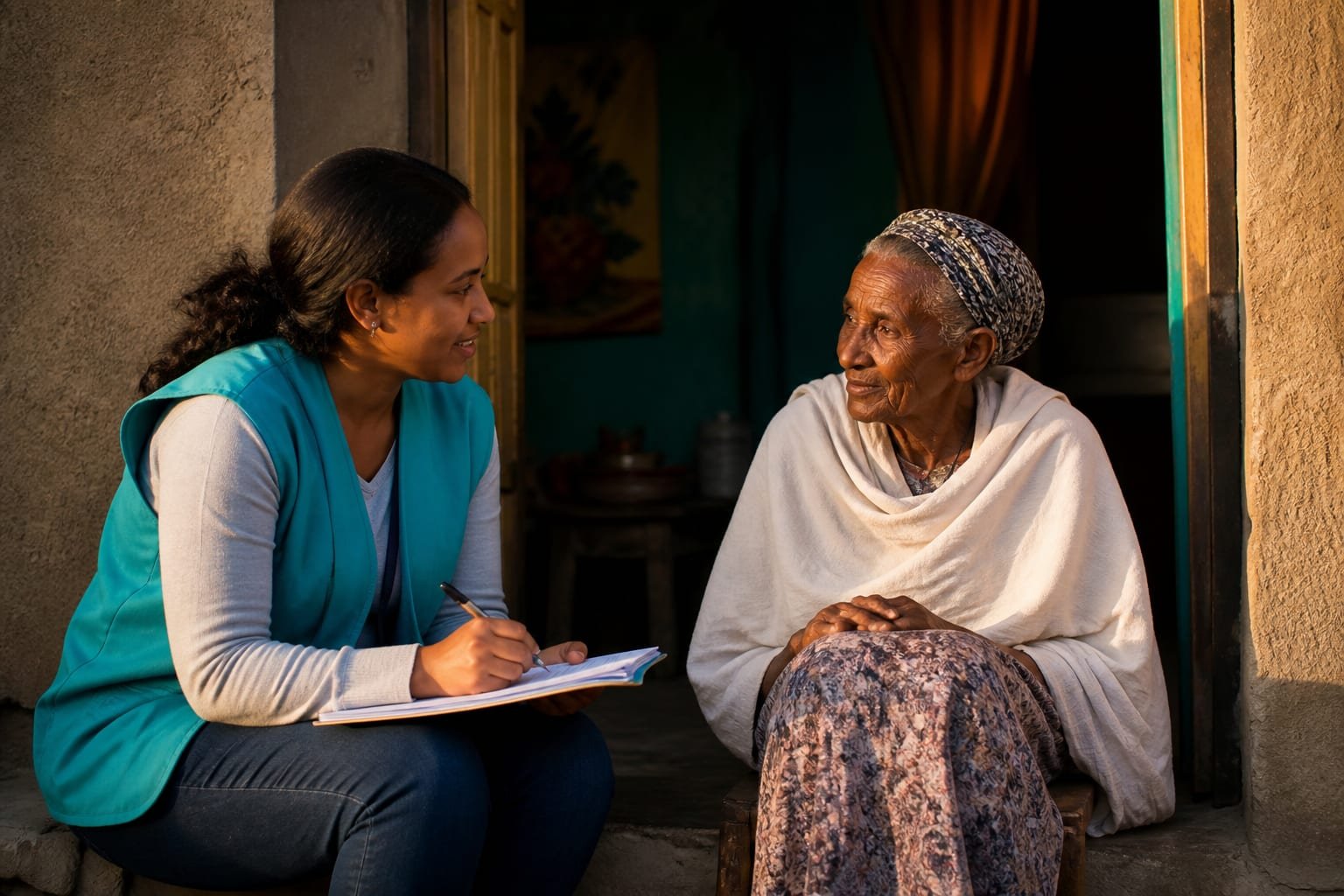 A community health worker visiting an elderly woman at home to check on her health