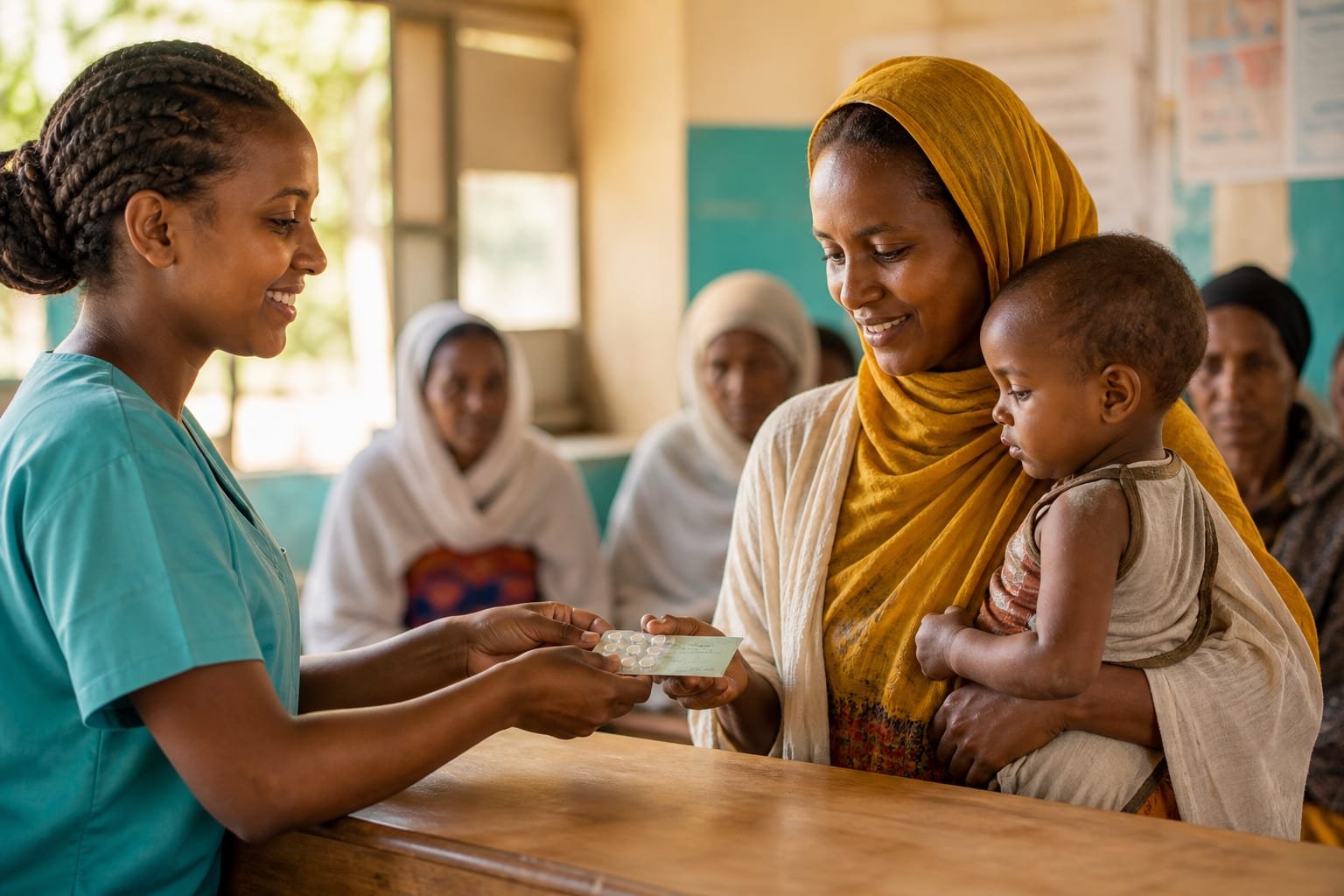 A mother and child collecting medication and an insurance card at a community clinic