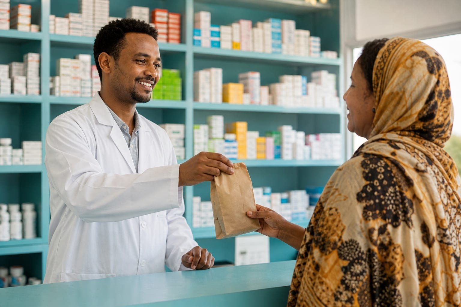 A pharmacist handing prescribed medication to a patient at a community pharmacy